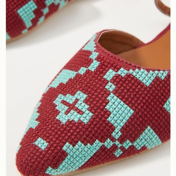 Anthropologie NWB Burgundy Turquoise Geometric Aztec Strappy Flats size 6 - Picture 3 of 11